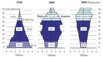 Changes in Japans population pyramid (source: Statistics Bureau, Japans Ministry of Health, Labor and Welfare)